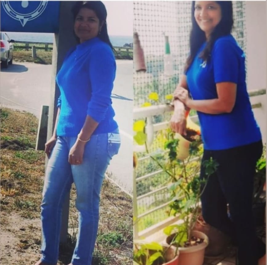 Image Comparing before and after of a woman's weight loss journey.